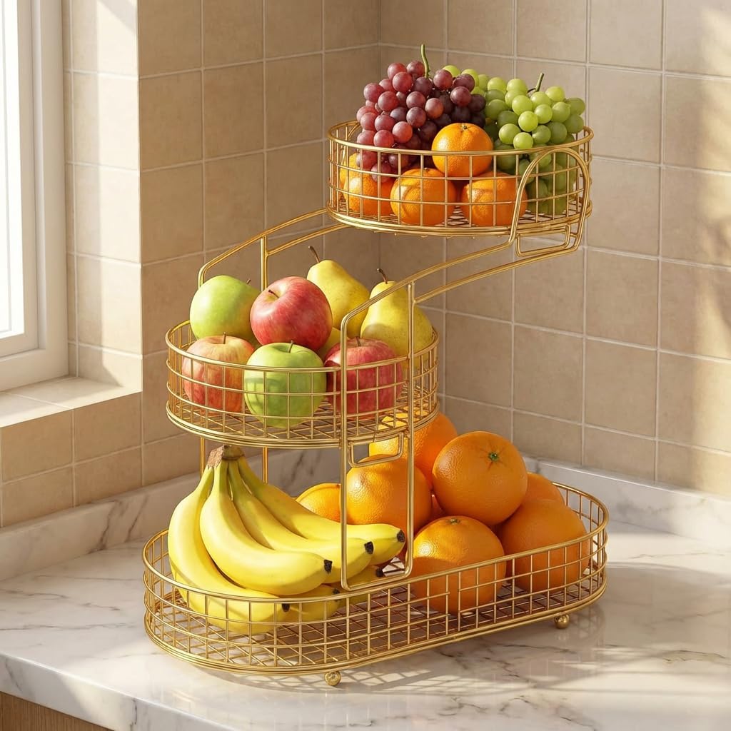 KMV 3-Tier Fruit Basket for Kitchen Counter - Metal Wire Vegetable Storage Stand, Space Saving Organizer with Breathable Design for Fruits, Snacks, Bread (Glod)