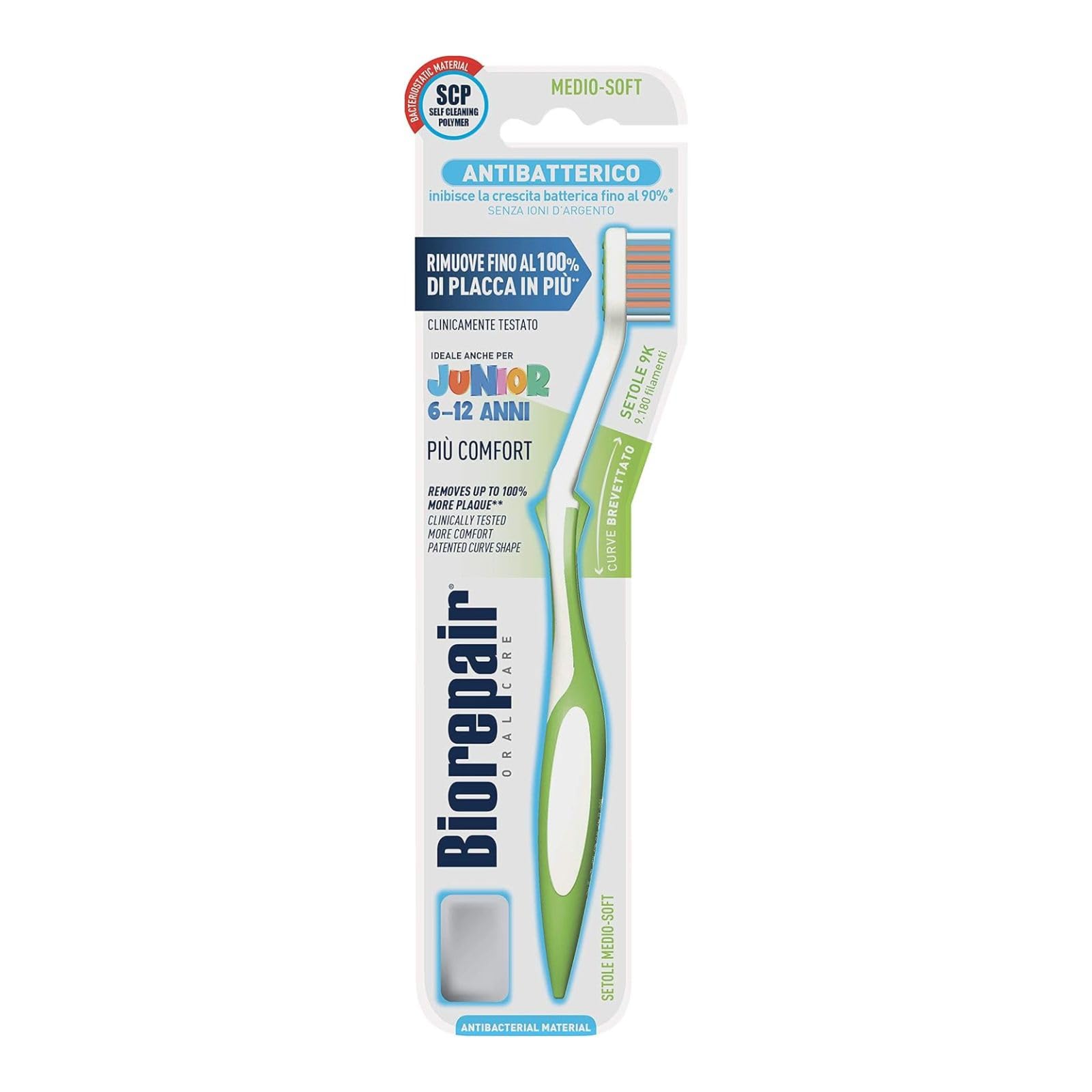 Biorepair, Junior Toothbrush, Children Toothbrush 6-12 Years, Clinically Tested, with Medium-Soft Bristles, Patented Curved Shape, Antibacterial, Removes Up to 100% More Plaque