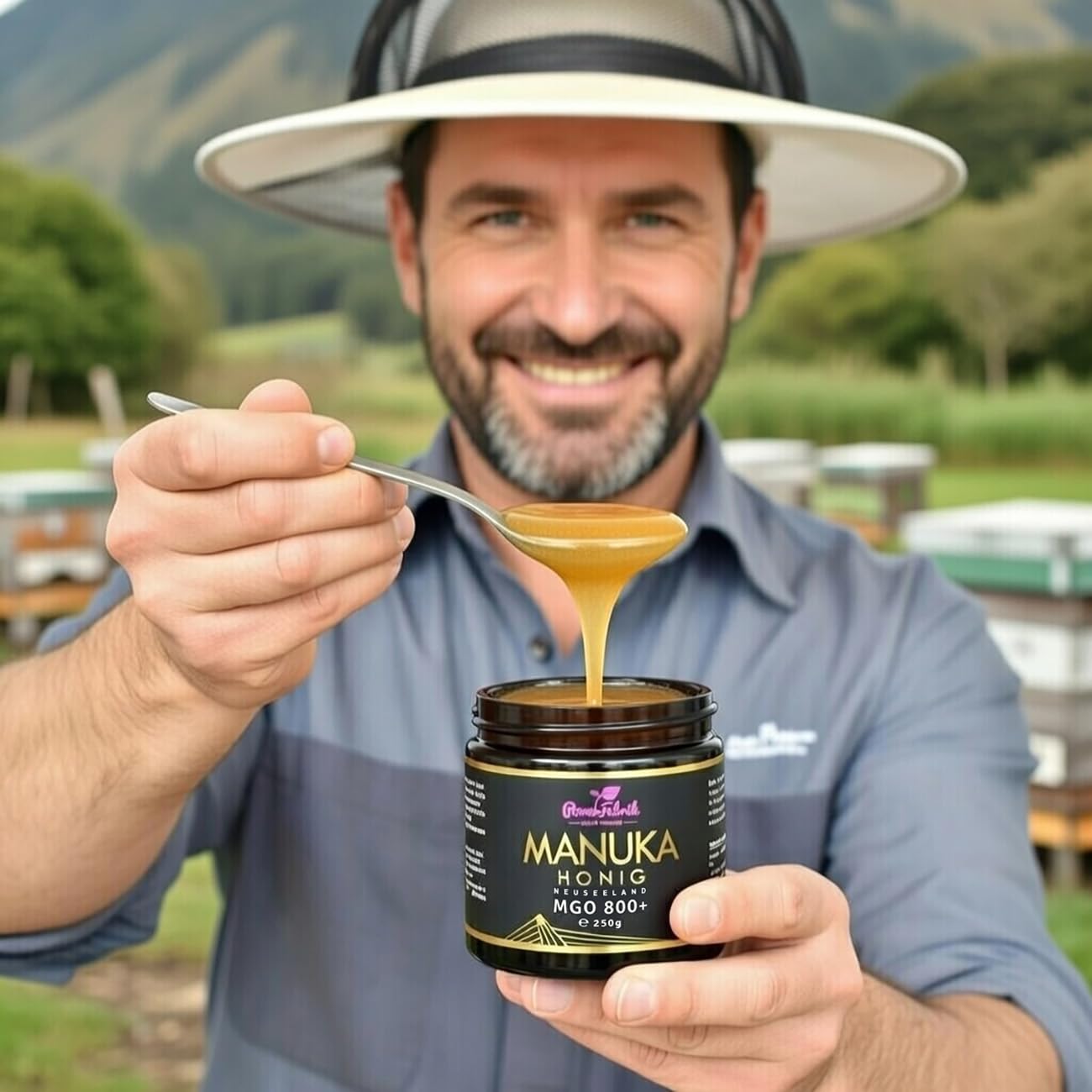 Manuka Honig | MGO 800+ | 250g | Das ORIGINAL aus NEUSEELAND mit Herkunftsnachweis | ANALYSIERT & ZERTIFIZIERT | Premium Qualität 100% natürlich | PowerFabrik