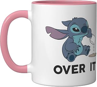 Disney Lilo & Stitch Over It Spilling Coffee Ceramic Mug, Pink/White