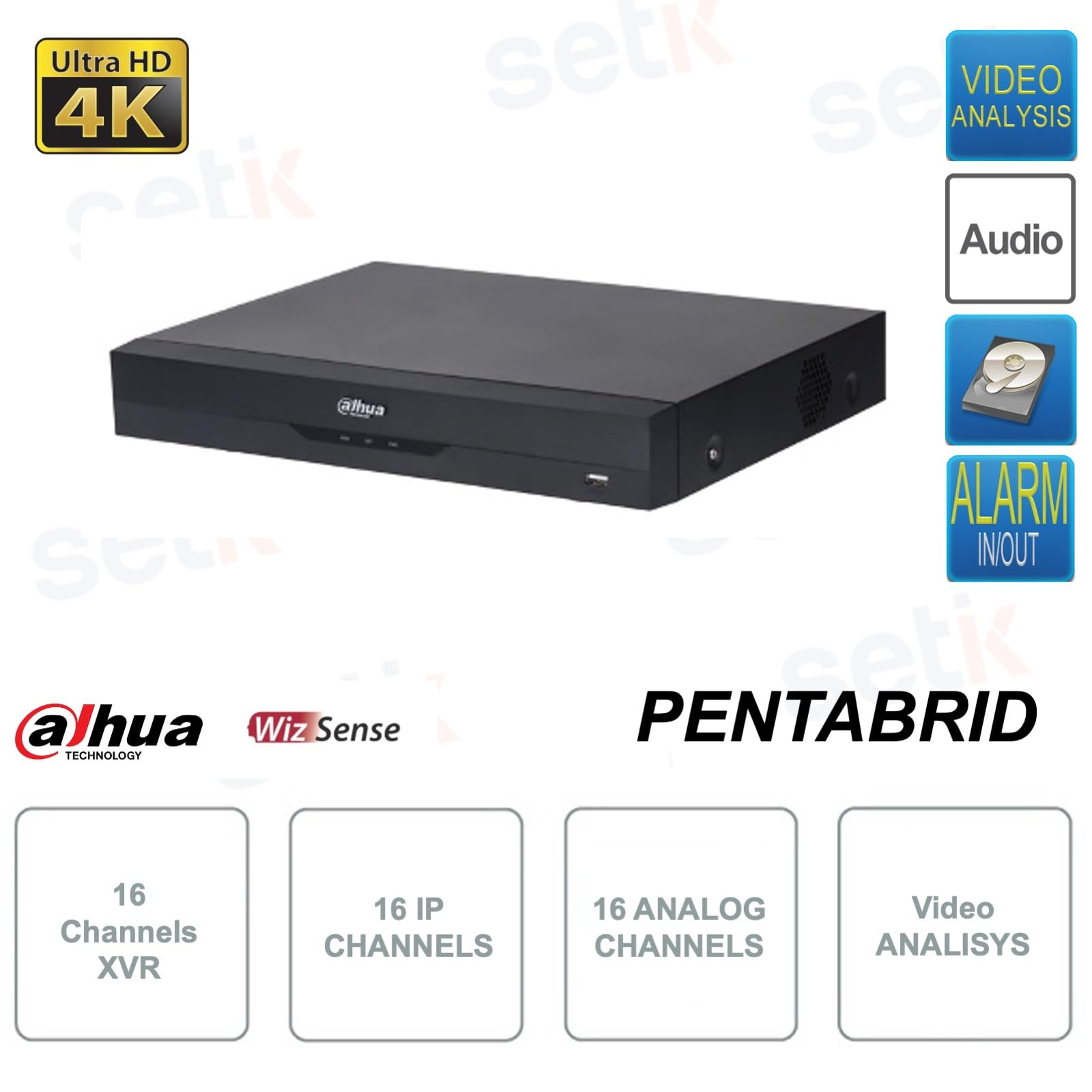 XVR 16 canali 5in1 4K-N - 5MP - 16 canali IP e 16 Canali analogici - Allarme e IOT - Video Analisi - XVR5116HE-4KL-I3