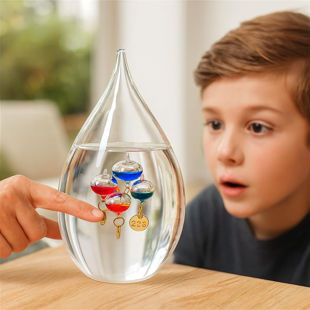 Galileo Thermometer Großer Glastropfen 16 cm, für drinnen oder draußen, analog, schwimmende farbige Kugeln