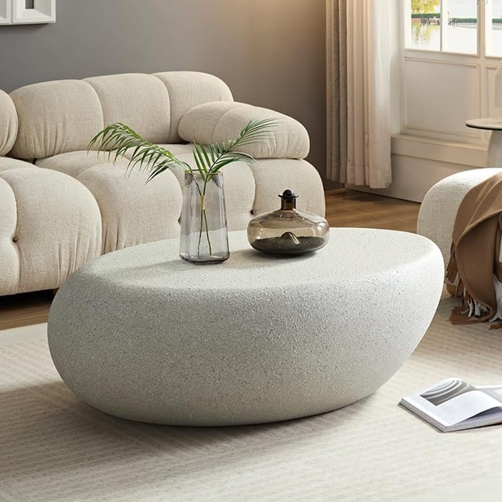 Oval Coffee Table Faux Stone Table Outdoor Irregular Coffee Table Contemporary Center Table for Living Room Apartment Indoor, No Need Assembly (43.31'' Matte Beige)
