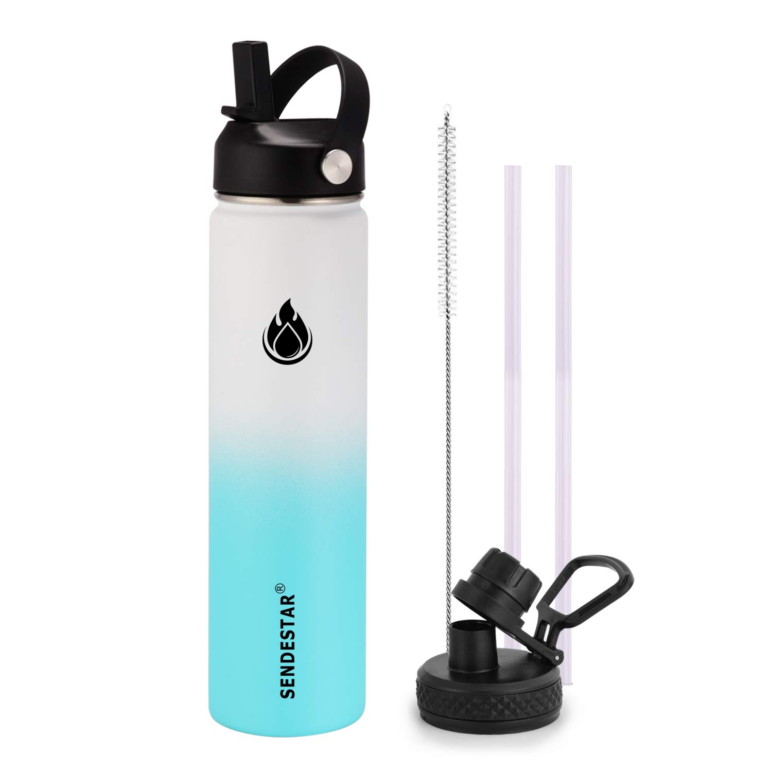 SendestarWater Bottle 24oz Double Wall Vacuum Insulated Leak Proof Stainless Steel Sports Water Bottle—Wide Mouth with New Flex Straw Lid & Spout Lid (White&Tiffany)