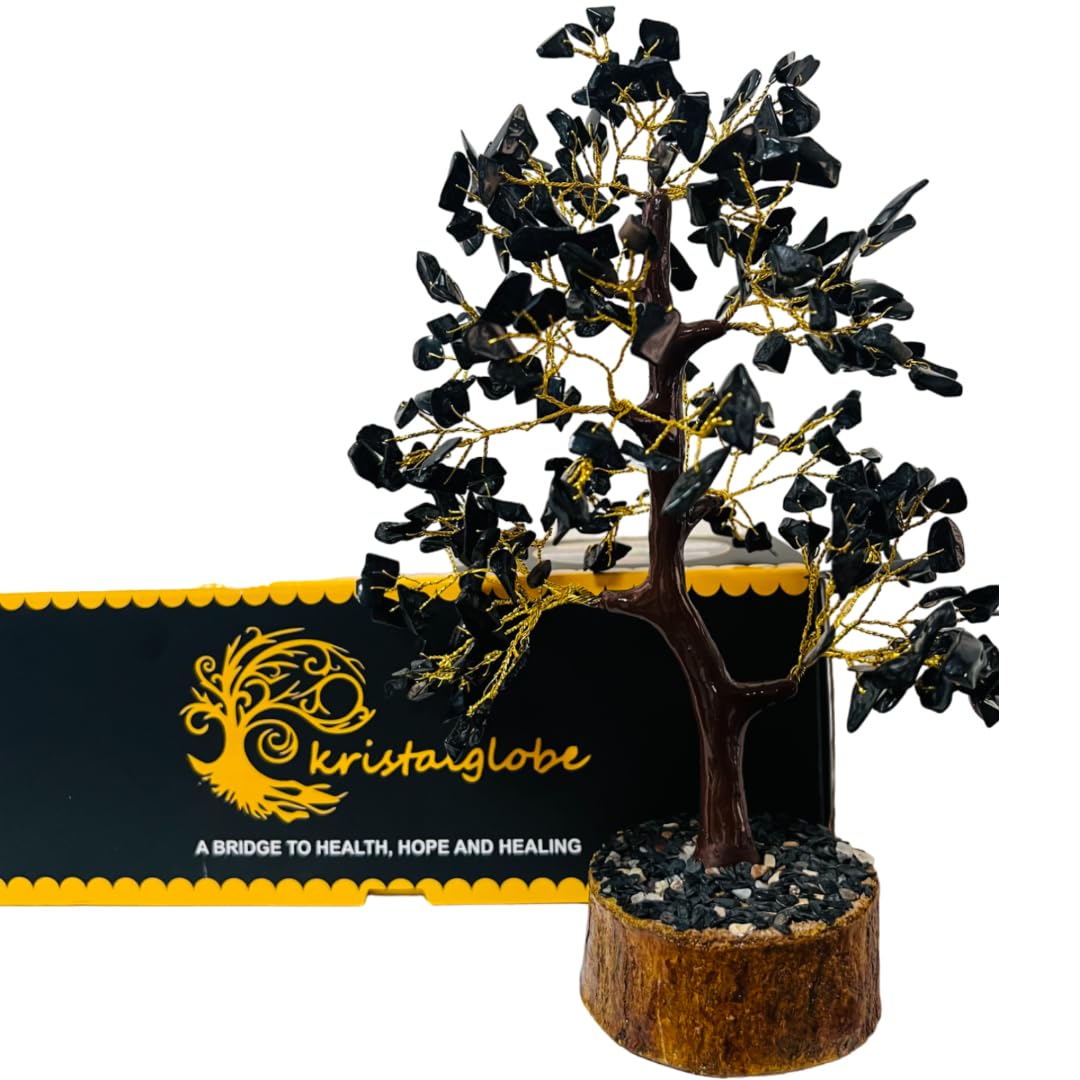 Black Tourmaline Healing Crystal Tree of Life, Handmade Gemstone Bonsai 300 Natural Stones on Golden Wire & Wooden Base