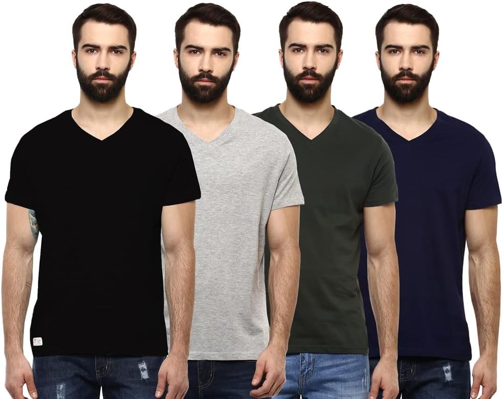 Men's Solid Regular Fit Half Sleeve V-Neck T-Shirt (Combo Pack of 4 Comfy T-Shirts)