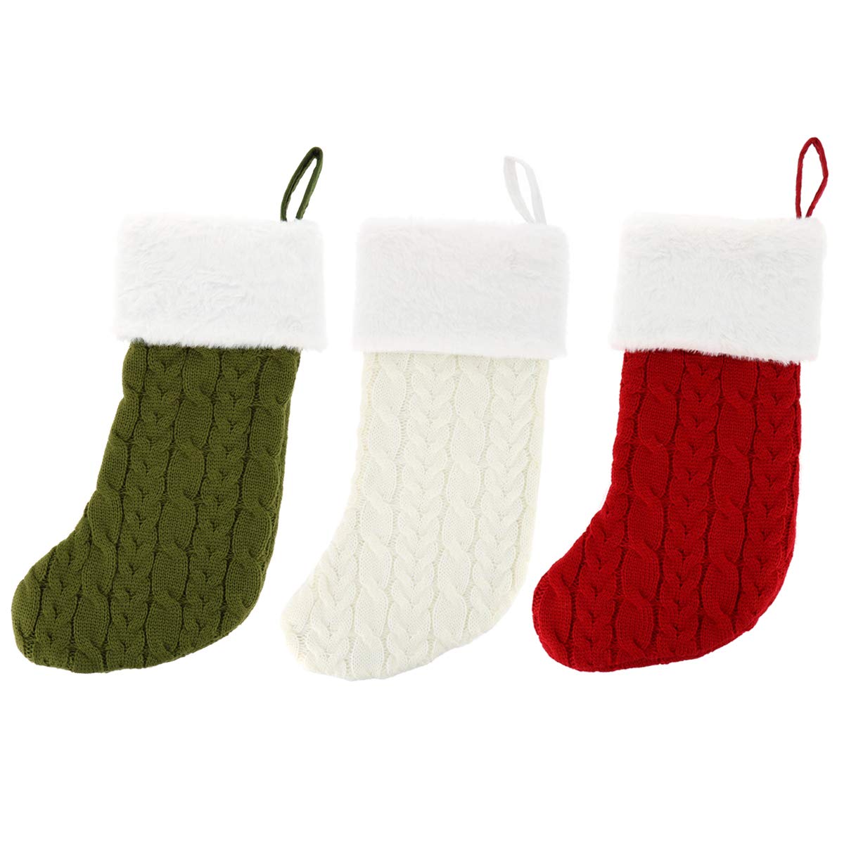 ITNOW Set of 3 Large Hanging Christmas Stocking Red White and Green Knitted Fur Stocking Traditional Decoration Christmas Stocking for Hanging and Decorating Gifts