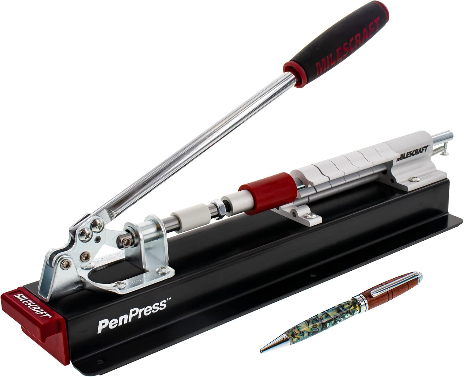 Milescraft 4701 Pen Press – Join Turned Pens & Projects – Advanced, Spring-Loaded Design Holds Workpiece in Place & Adjusts Size Quickly Using Six Quick-Flip Stop Settings. Includes Two Receiving Tips