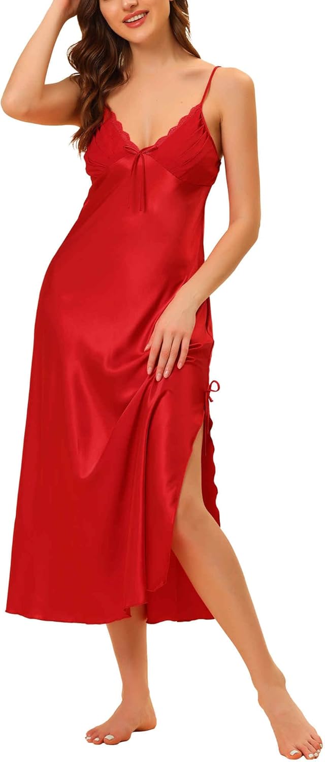 cheibear Women's Satin Pajama V Neck Nightdress Soft Midi Lounge Dress