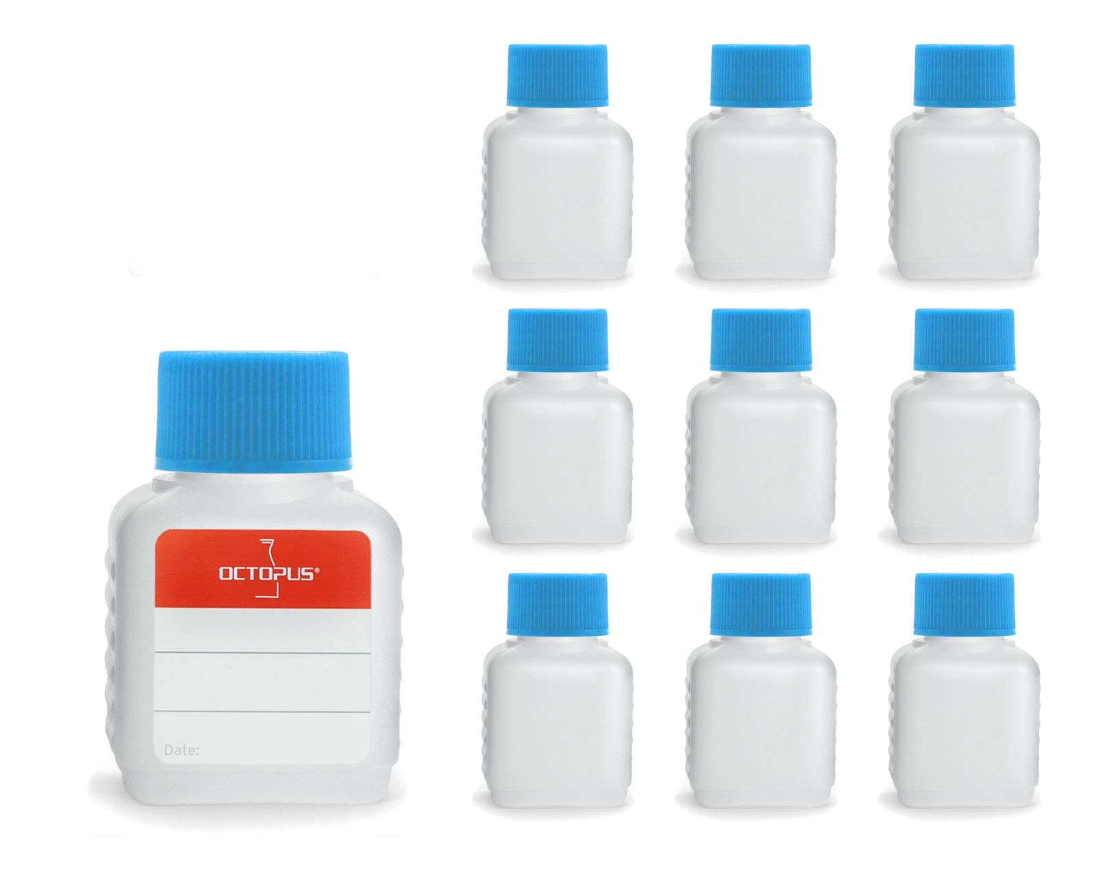 Octopus Blue 10 X 50 Ml Plastic Bottles, Hdpe Plastic Bottles With Screw Caps, Empty Bottles With Screw Caps, Square Bottles Incl. 10 Labels