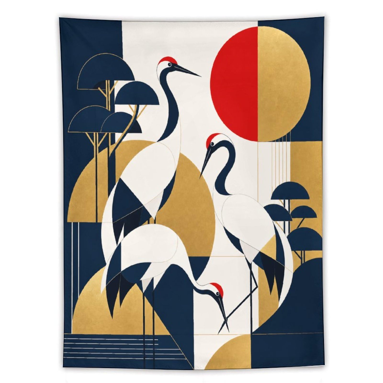 W7C8U2X3 Art Deco Cranes Wall Tapestry, Ukiyo-e Style, Reading Corner
