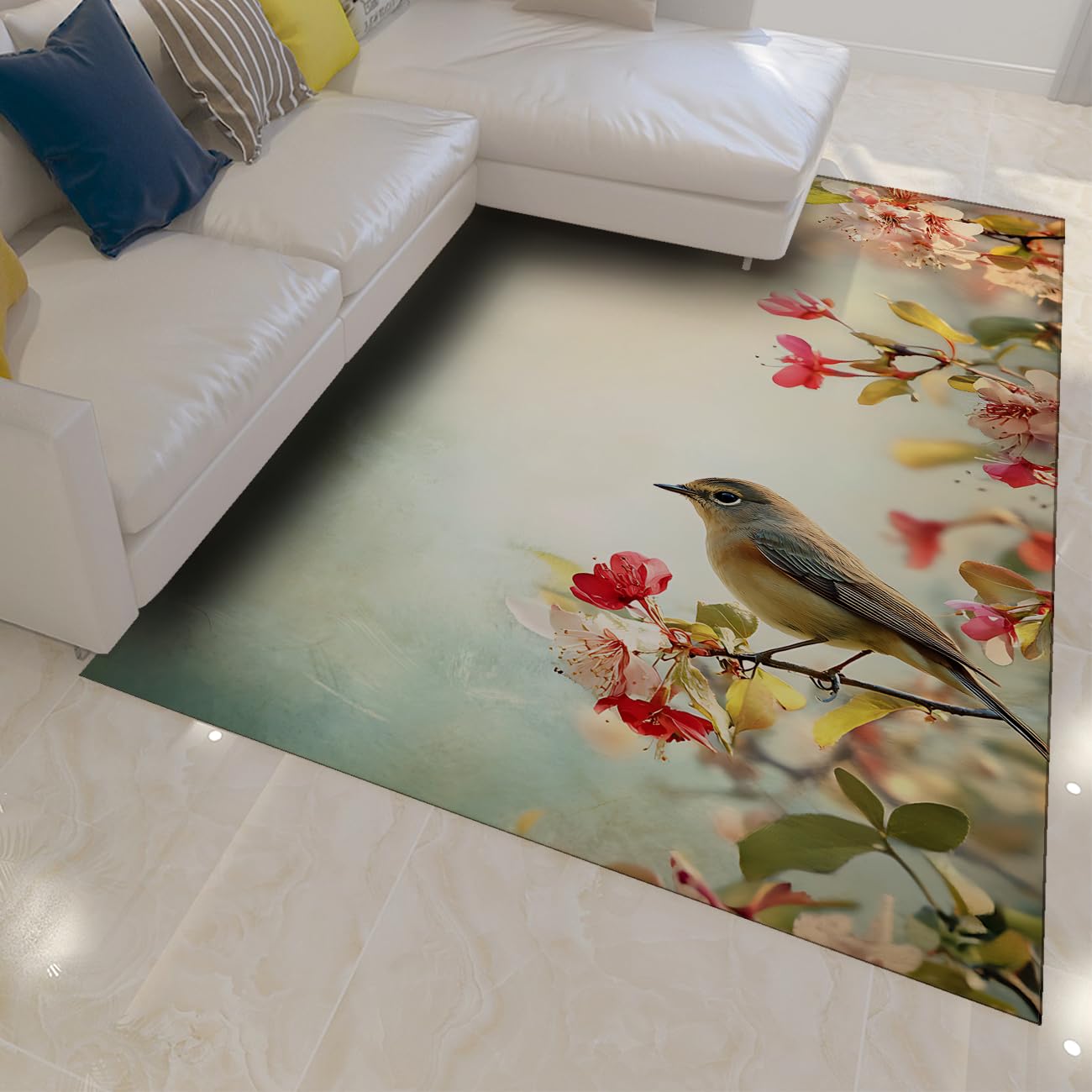 Tapis lavable floral de printemps pour salon et chambre 120 x 180 cm motif jardin