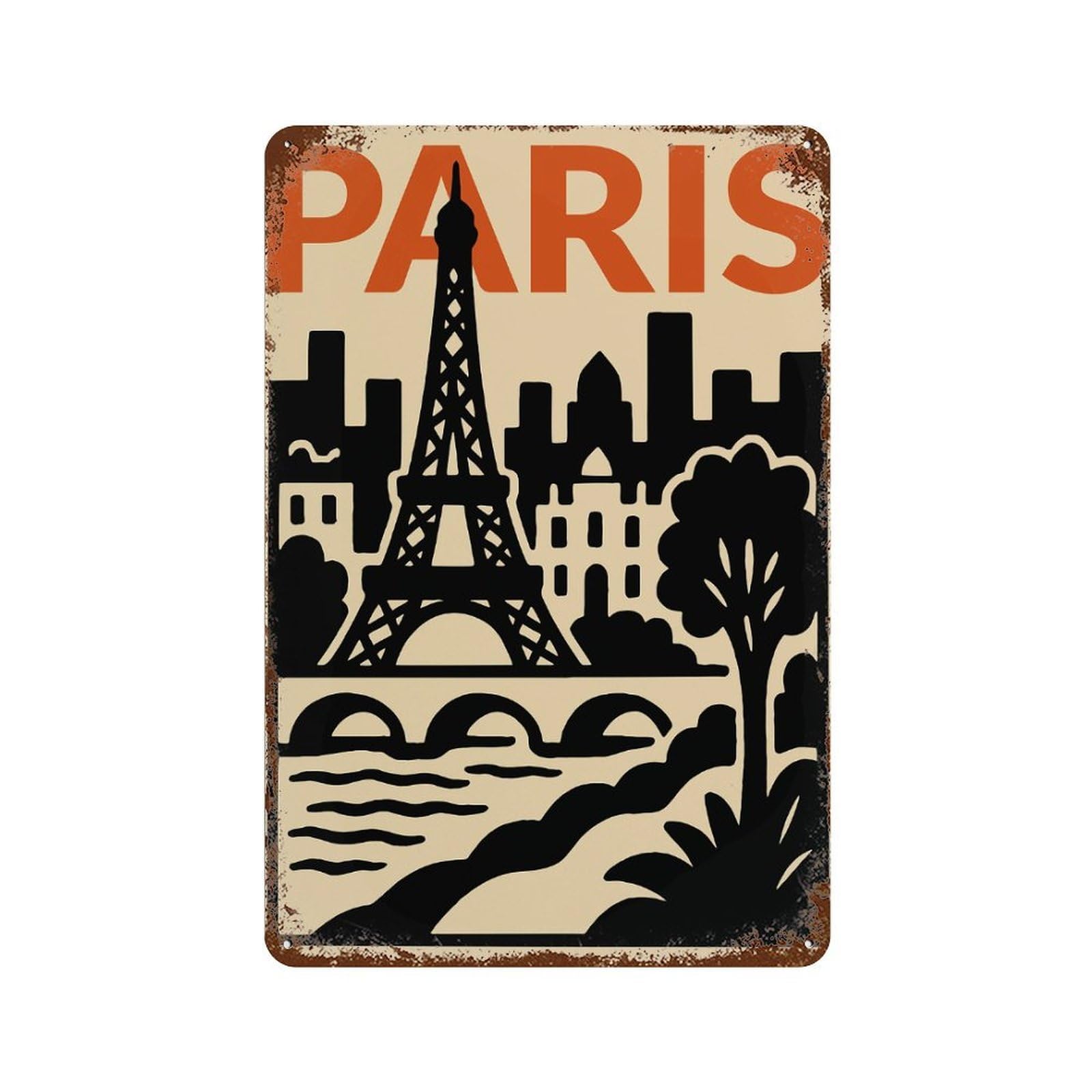 Paris Eiffel Tower Cityscape Illustration Rustic Tin Plaque 11.8"x7.9", Rustic Home Decor for Office, Studio And Wall Decor