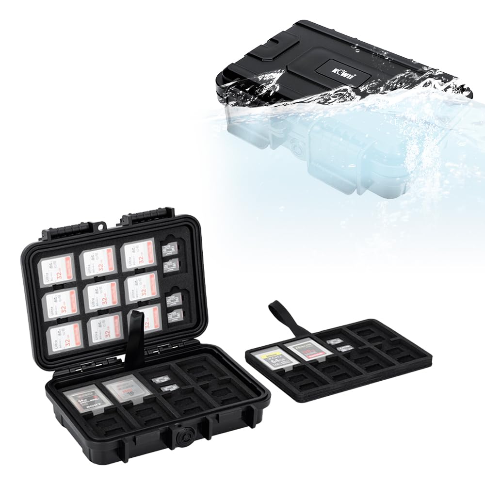 KIWIFOTOS Étui pour cartes mémoire SD et Micro SD, étanche à 114 emplacements pour cartes 22 SD, 76 MicroSD et 16 CFexpress Type-B avec mousse EVA pour protection des accessoires d'appareil photo