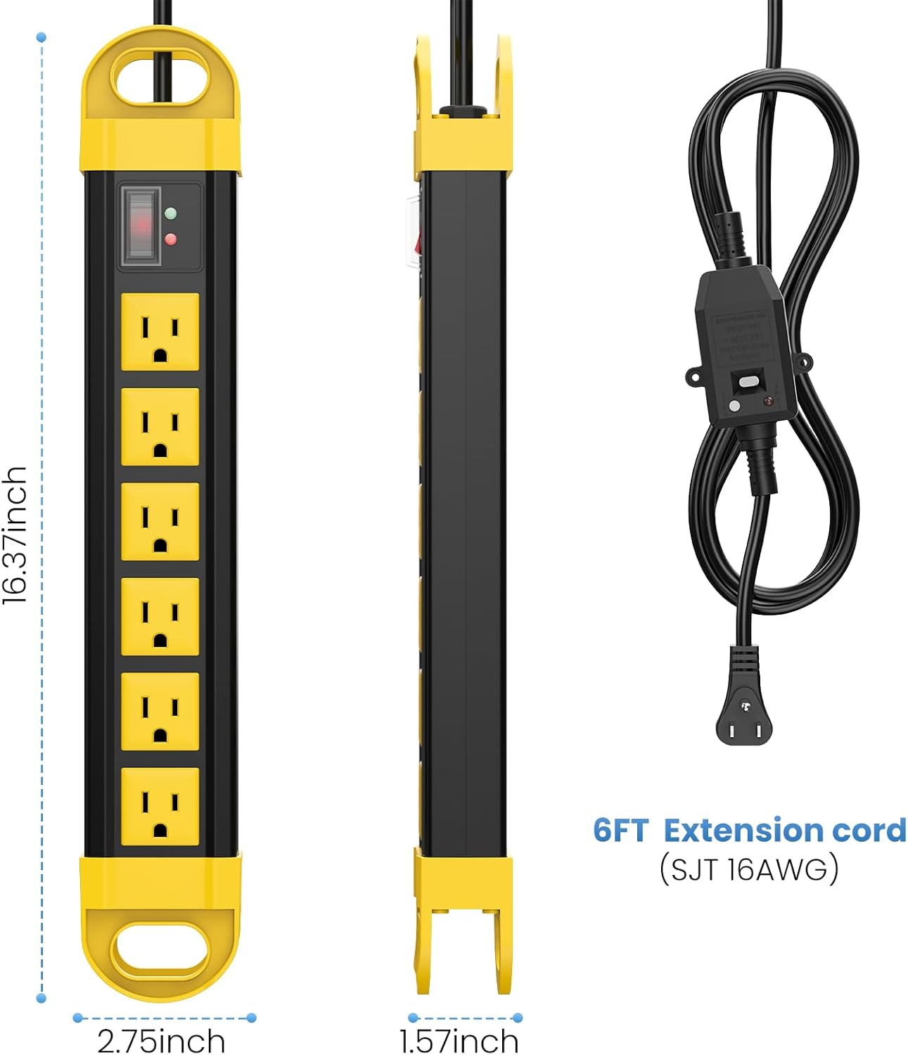 HHSOET GFCI Outdoor Power Strip Weatherproof, Waterproof Surge Protector 2700J with 6 Plug Extender Port, Exterior Long Extension Cord with Multiple Outlets, for Garden, Christmas Decor, 6FT, Yellow