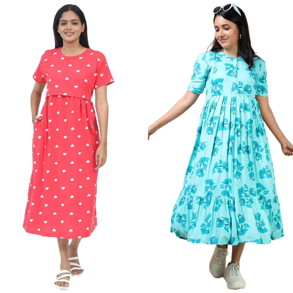 Mayaval Women’s Maternity & Nursing Combo – Red Heart Printed Maternity Dress with Pockets & Aqua Blue Floral Kurti | Soft Cotton Maternity Wear & Kurti-image-49