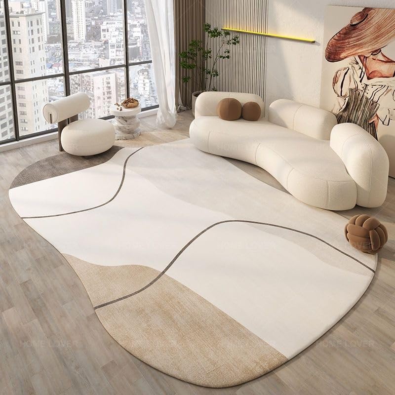 Irregular Shaped Cream Area Rug - Nonslip, Washable, Soft Indoor/Outdoor Floor Mats - Modern Abstract Carpets for Bedroom & Living Room Home Decor