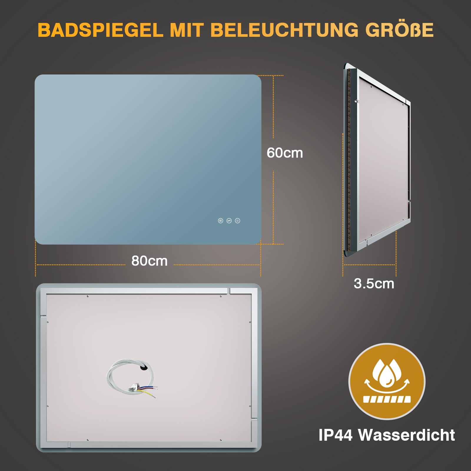 Badspiegel mit Beleuchtung 80x60cm, Led Spiegel Bad mit Antibeschlag, 3 Lichtfarben, Dimmbar, Speicherfunktion, Touch-Schalter, IP44 Wasserdicht, LED Badezimmerspiegel