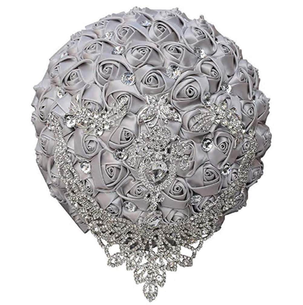 QIKEGooods Handmade Luxury Wedding Bridal Bouquet Large Silk Rose Holding Toss Artificial Flowers Bouquets with Satin Ribbon Pearls Rhinestone for Bride Vintage Royal Wedding Bouquet
