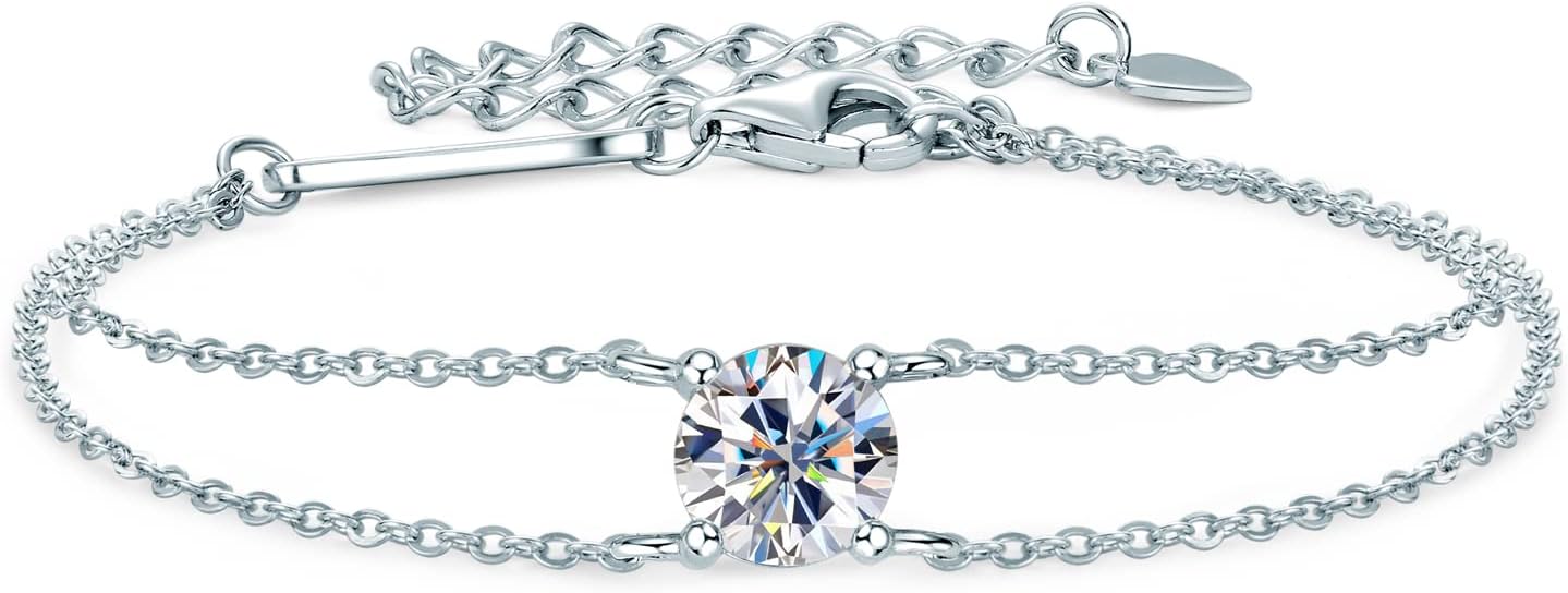 Moissanite Bracelets Valentines Day Gifts for Women, 14K White Gold Plated 925 Sterling Silver Women Bracelet , Fine Jewelry Anniversary Birthday Gifts for Girls Mom Wife (1ct Solitaire- Double Chain)