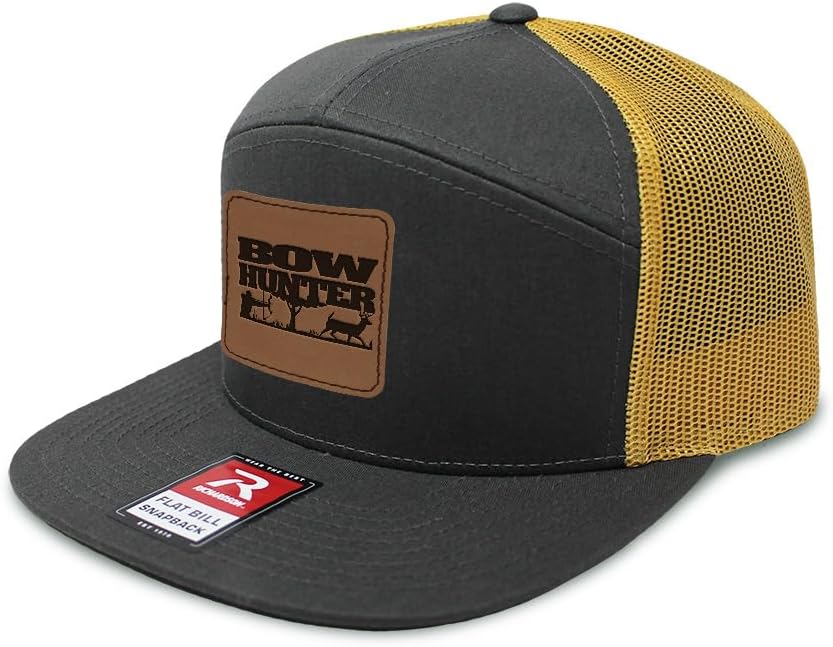 Custom Engraved Mesh Cap Hat Bow Hunter Deer and Hunter Silhouette Leather Patch Hats