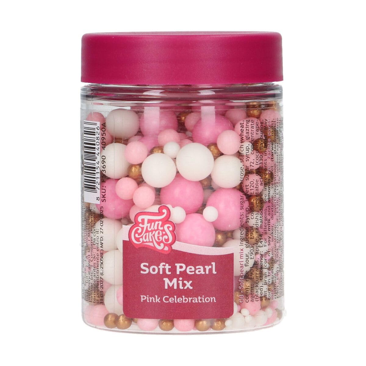 FunCakes Mix de Perlas Blandas Pink Celebration – Decoraciones para Tartas, Gran Sabor, Perlas de Azúcar Comestibles Suaves, Soft Pearls – 80 g