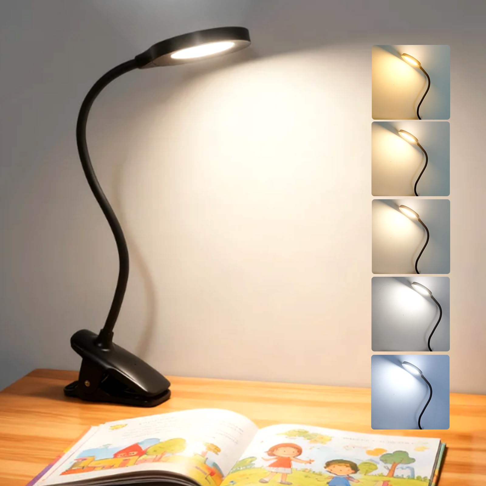 Akynite 36 LED Luz de Lectura Cama Recargable con Pinza, 5 Colores y 5 Niveles de Brillo, Eye Caring Luz de Escritorio Táctil & Regulable, Lámpara Pinza Flexible, Negra