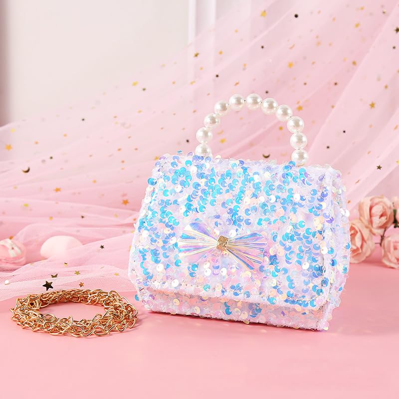 Image of Todder Sequin Handbag Purse Girls Glitter Bow Wallet Crossbldy Bag | Small Sparkly Bag with Pearl Handle, Removable Crossbody Strap, Gift for Daughter Granddaughter Niece Little Girls