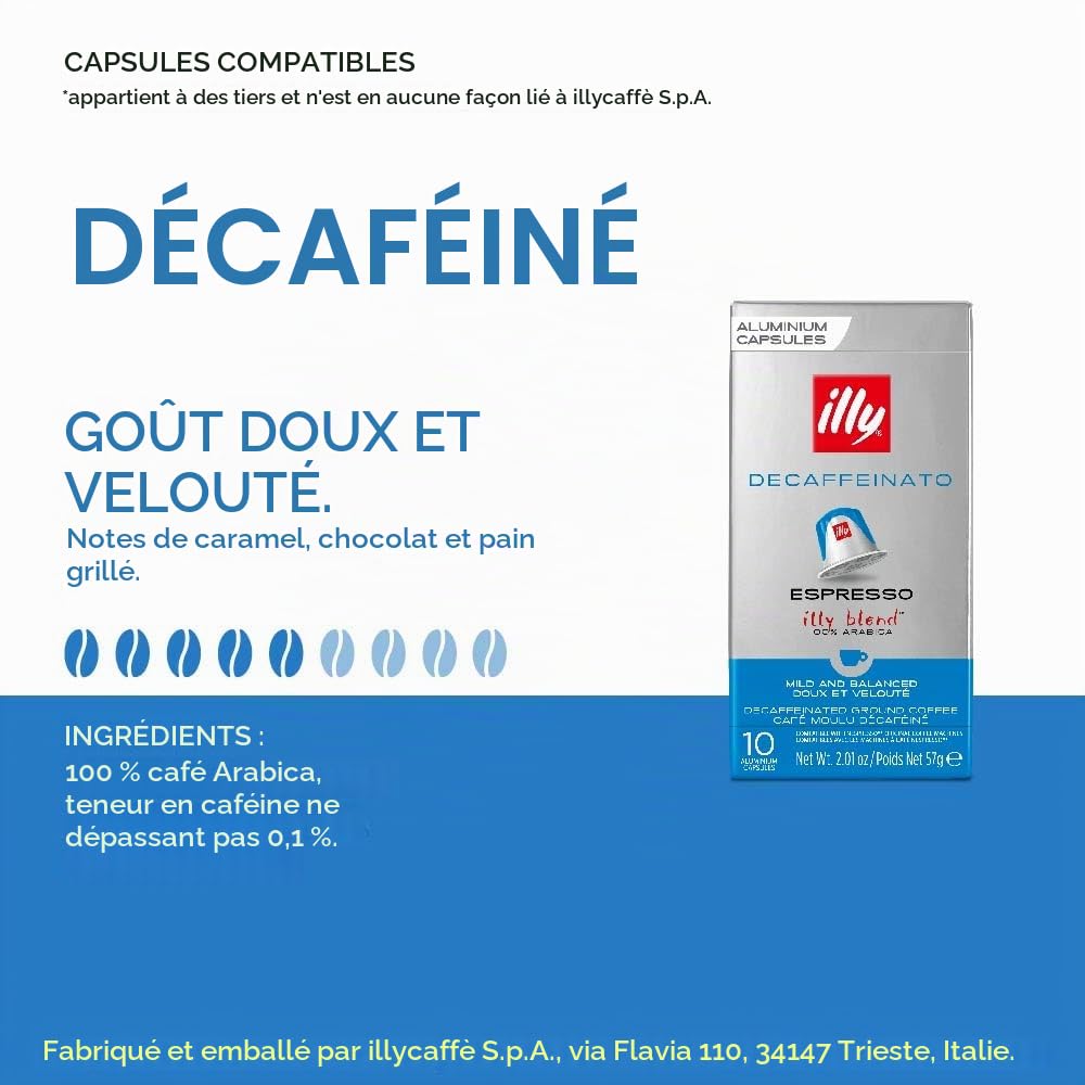 Café illy torréfié DECAFFEINATO en Capsules Compatibles Nespresso - 100% Arabica - 10 étuis de 10 capsules (100 capsules)