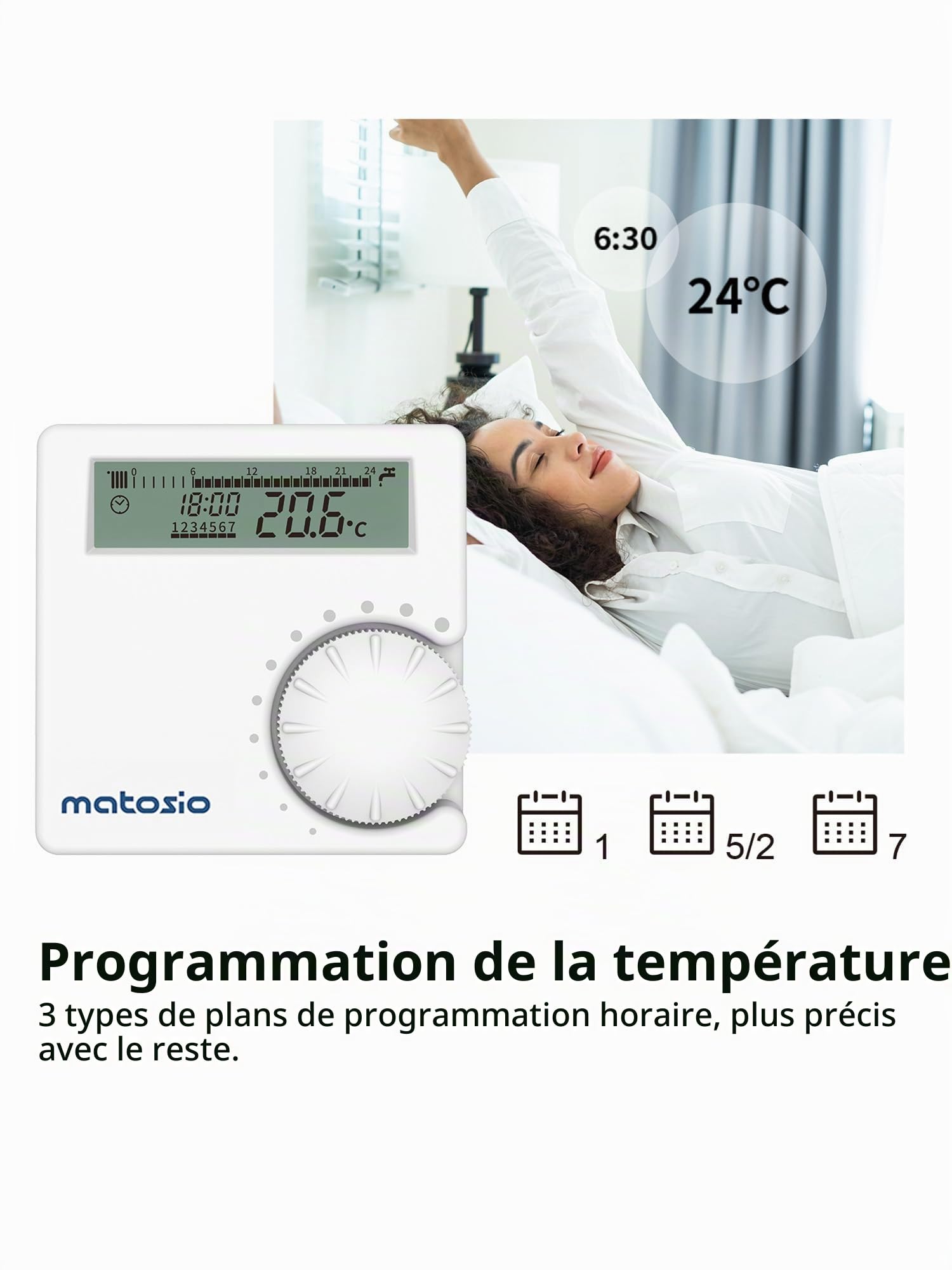 TH611 Thermostat programmable de chaudiere sans Fil avec Récepteur, Thermostat Ambiante Mural Blanc