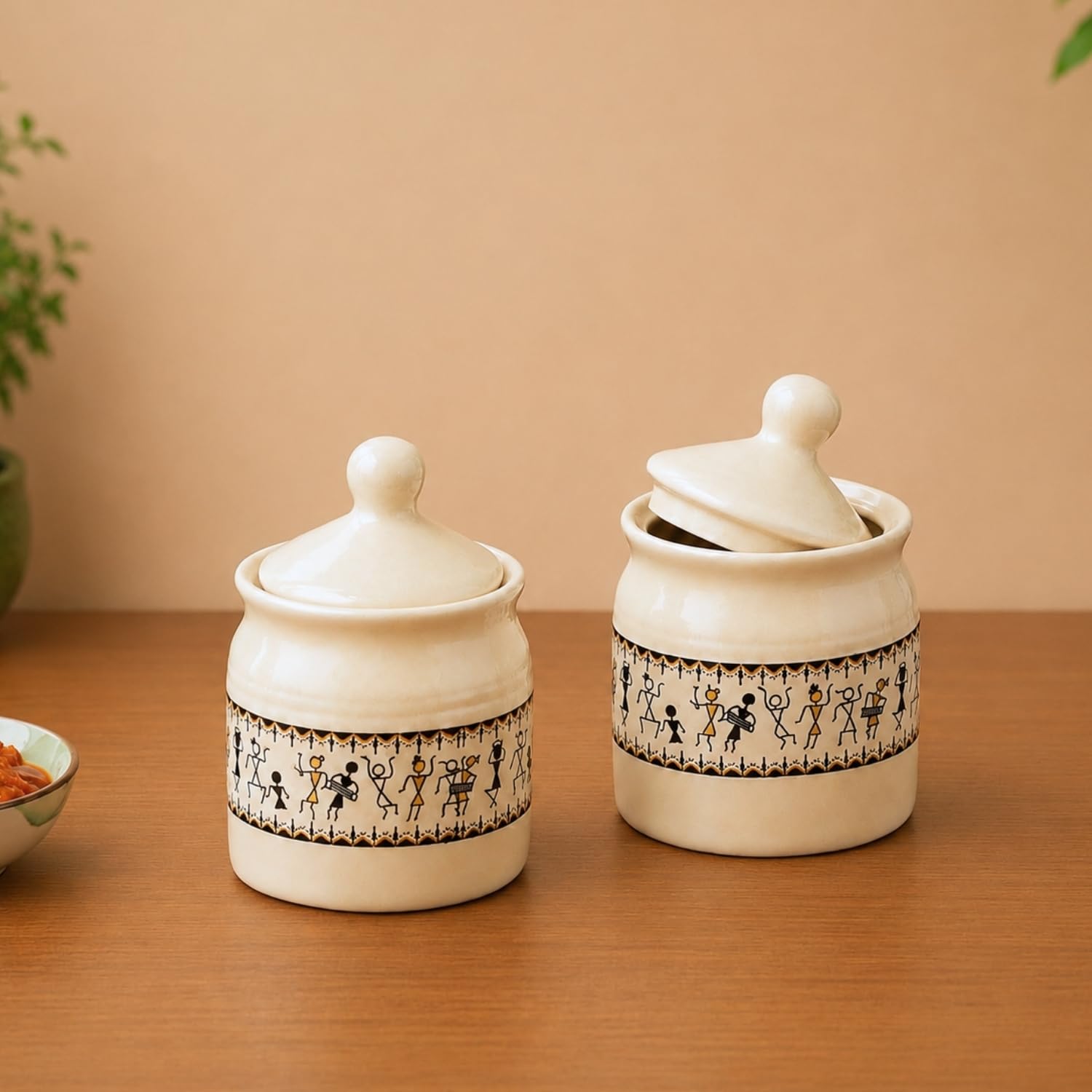 Warli Tales Ceramic Pickle Jars - Handcrafted Indian Decor -11
