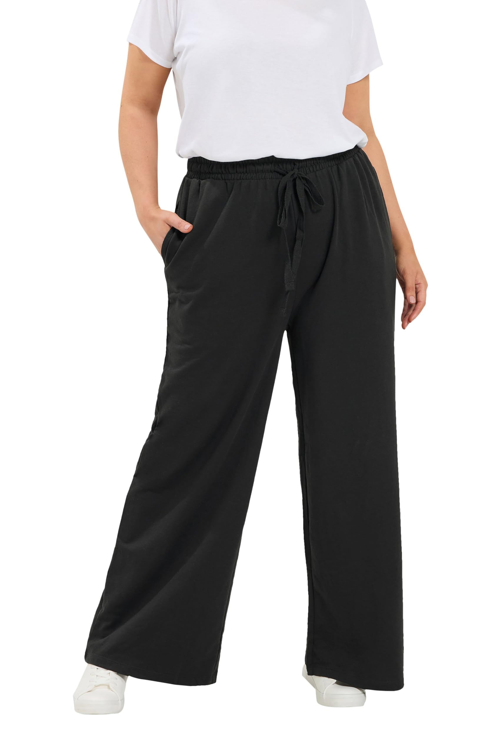 Yours Women's Drawstring Wide Leg Joggers in Black | Size: 22-24S