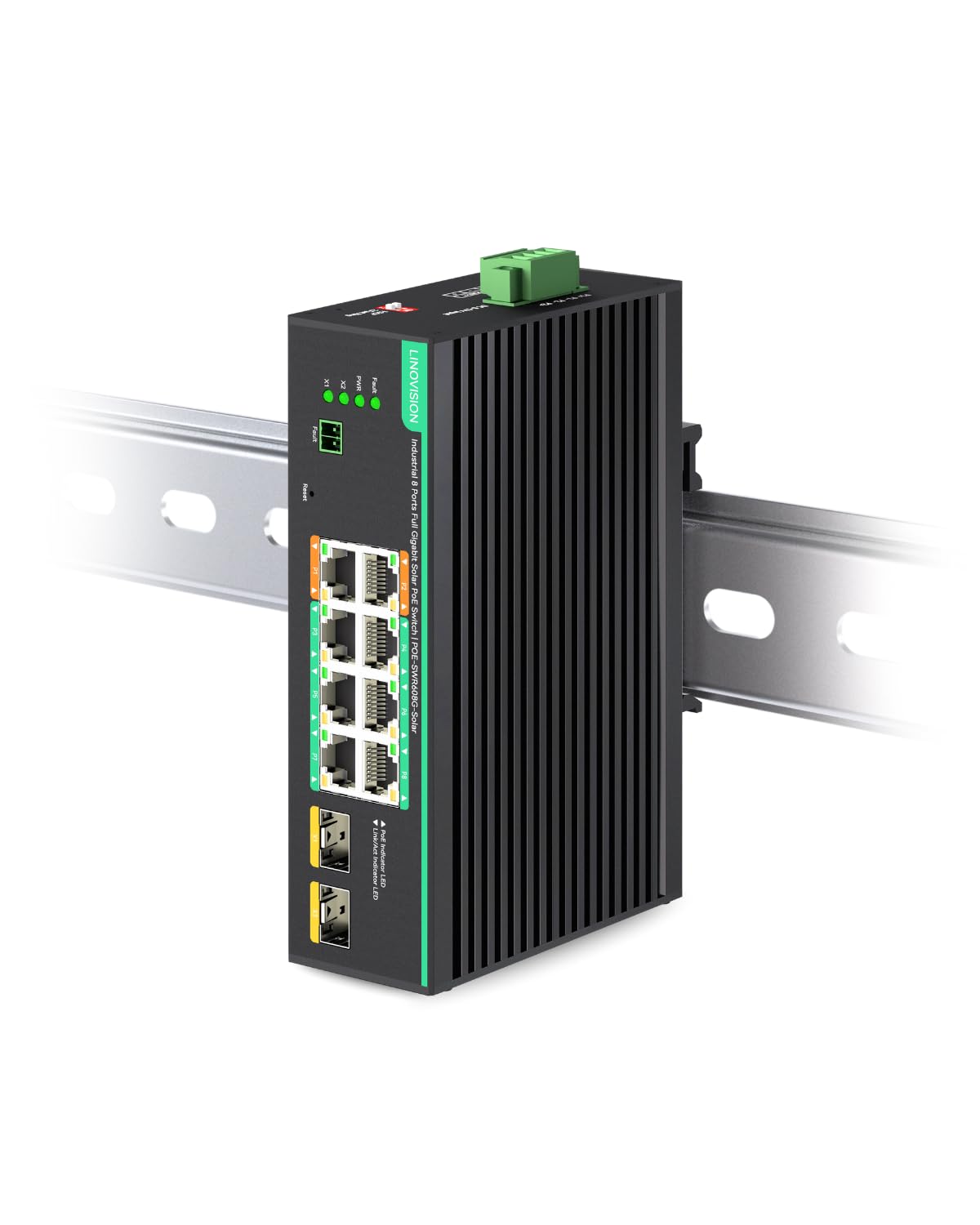 LINOVISION Switch PoE Industriale Full Gigabit a 8 Porte, Ingresso DC12~57V, 24V/12V per Sistemi Solari o UPS per Camper (RV), 2 Porte High PoE+ per Grandi Telecamere PTZ o AP Wireless Conforme NDAA