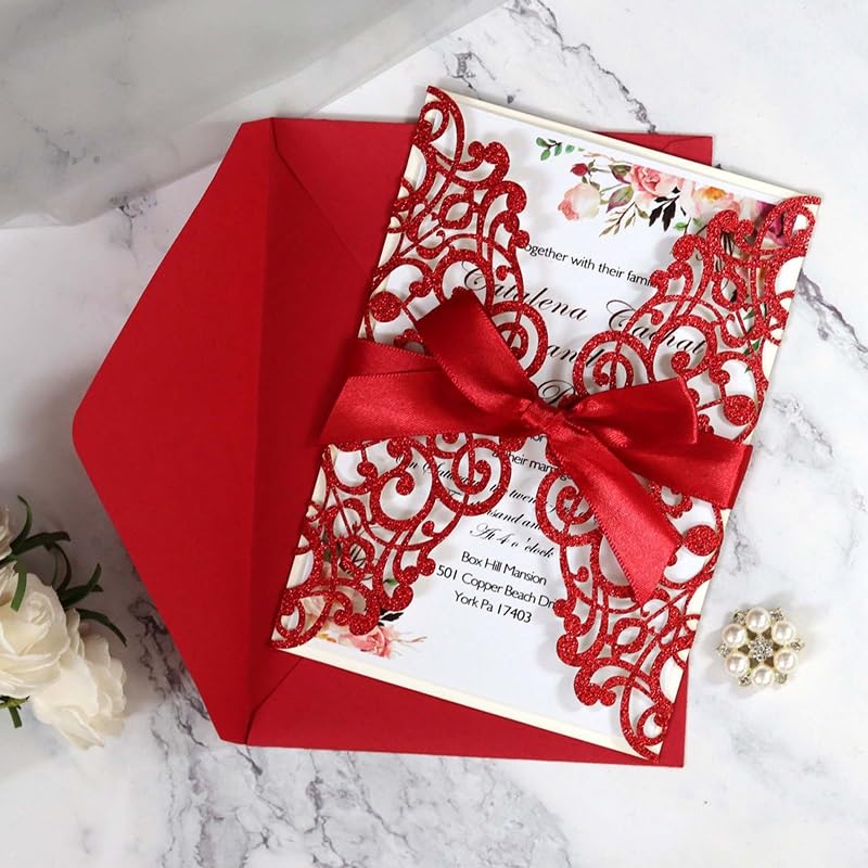 Glückwunschkarte Glitter Hochzeitseinladungskarte mit Bandumschlag Grußkarten Hochzeit Dekoration Partei liefert (50 stücke)(White Envelope)