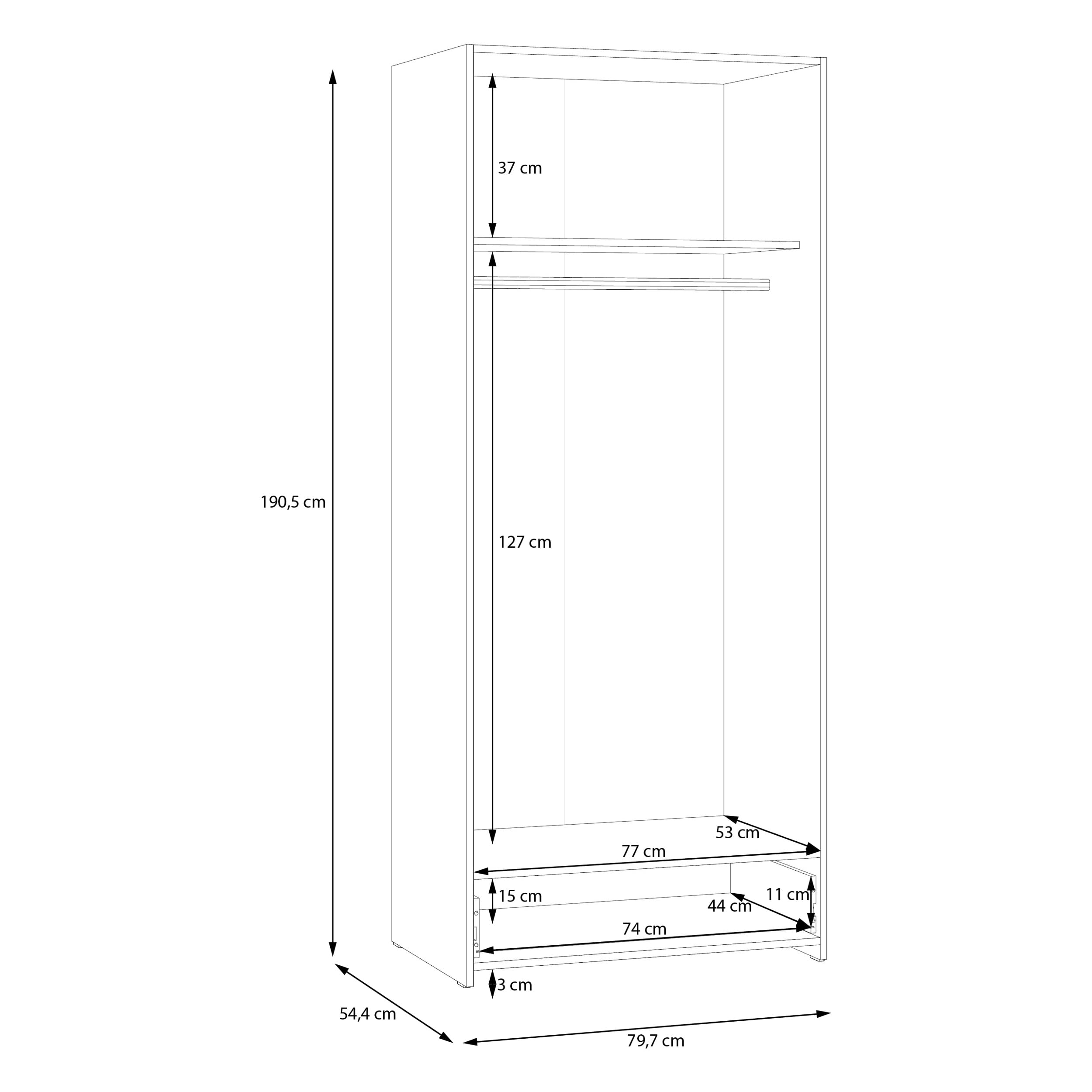 Forte ECONOBOX Kleiderschrank 80, klassischer Schrank mit 2 Türen und 1 Schublade, Holzwerkstoff, Weiß, 79,7 cm breit, 190,5 cm hoch, 54,4 cm tief