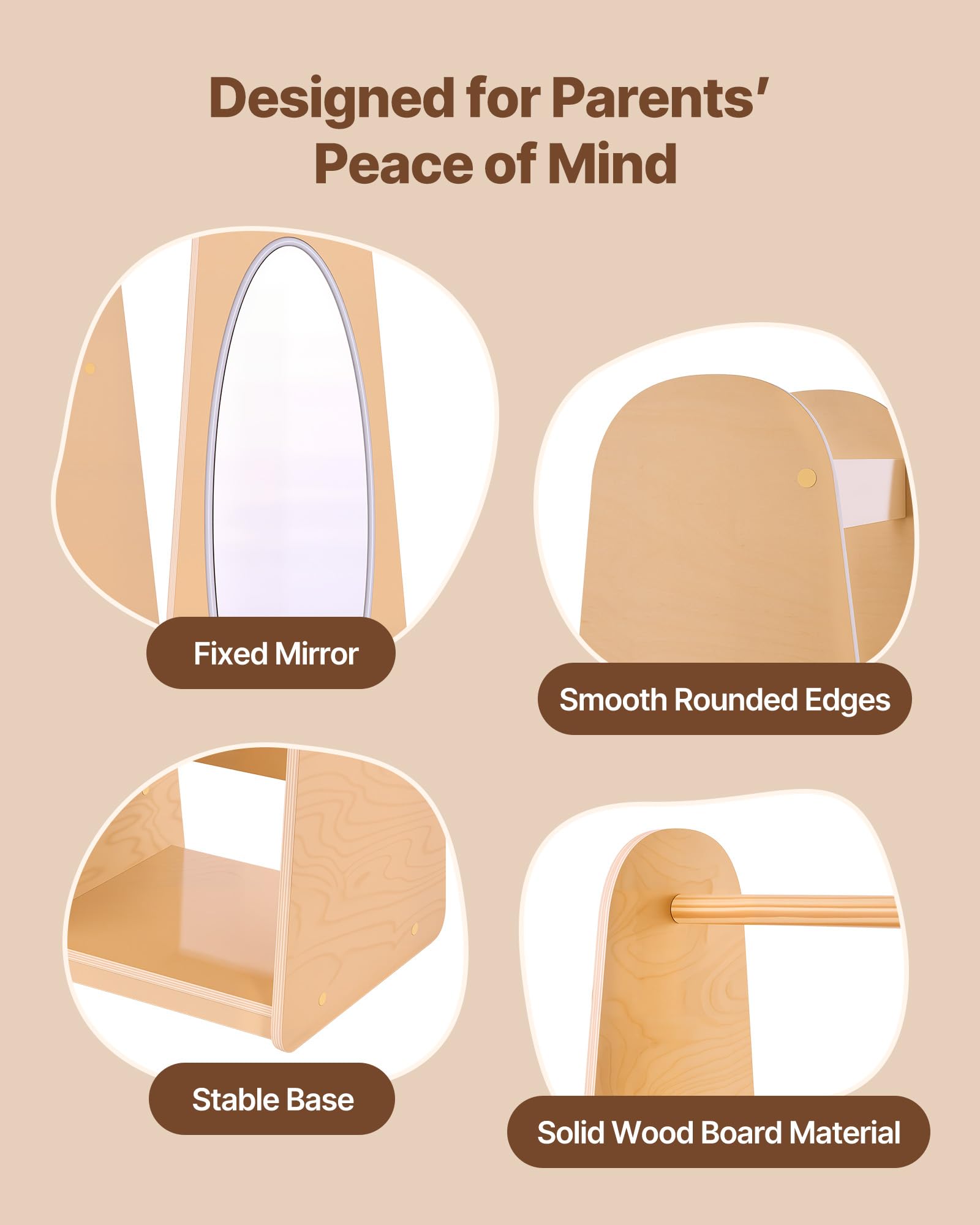 VEVOR Armario de Disfraces para Niños con Espejo, Mueble Montessori de Madera Natural, Perchero Infantil con Estantes, Organizador de Ropa con Compartimentos y Barra para Cuarto de Juegos y Dormitorio