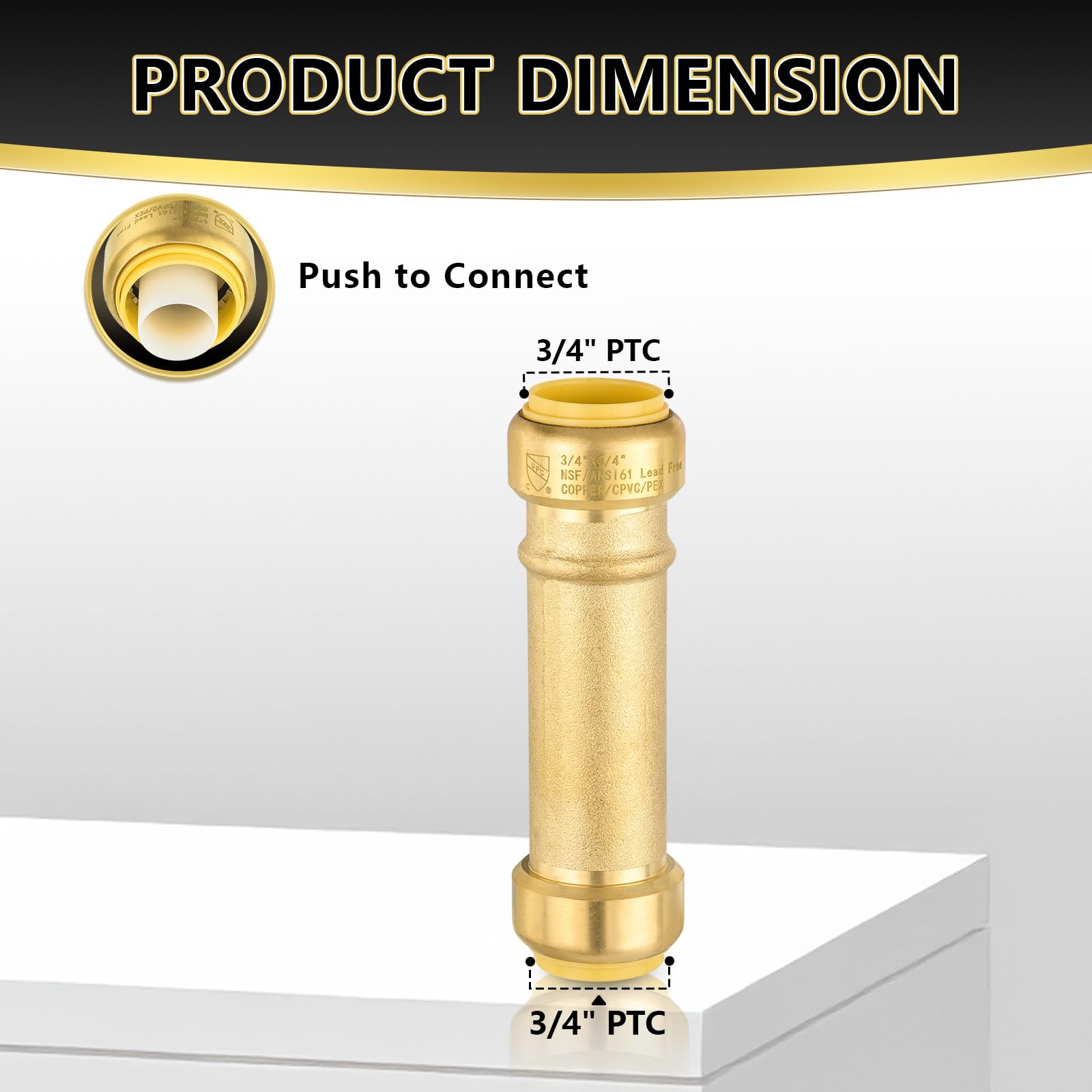 5 piezas de acoplamientos de ajuste a presión Foskan de 3/4 de pulgada, accesorios de latón LF, conexión a presión para tuberías PEX, cobre, C, PE-RT, con clip de desconexión para reparaciones de pl