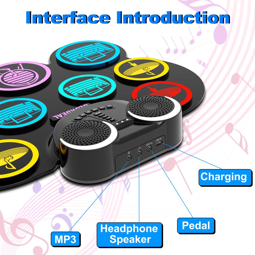 Schlagzeug Elektronisch, 9-Pad Digitales E Drum Set mit Lautsprechern/Kopfhöreranschluss, Tragbares Elektro Schlagzeug Kinder mit Bluetooth MIDI für Anfänger, 10 Stunden Laufzeit