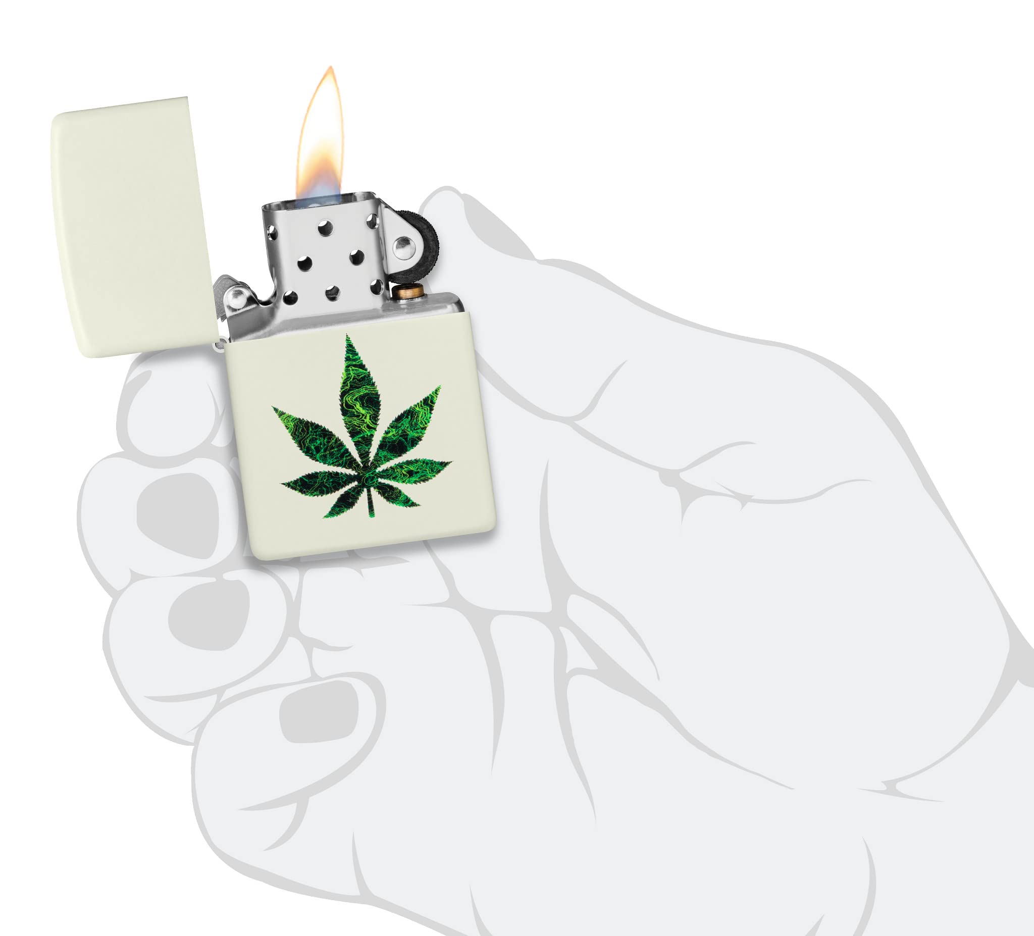 Zippo Sturmfeuerzeug - Modell Cannabis Glow - White mit Color Image, Glow-in-The-Dark Finish - Nachfüllbar - Wiederverwendbar - Windfestes Design - Made in USA