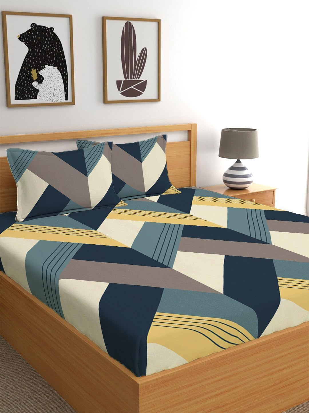 LOOMLYFE 300 TC Cotton Feel Glace Cotton Elastic Fitted Printed Queen Size Double Bed Bedsheet with 2 Pillow Covers Fits Upto 8 inches,Size- 60x78x10 Inches, BlueArrow