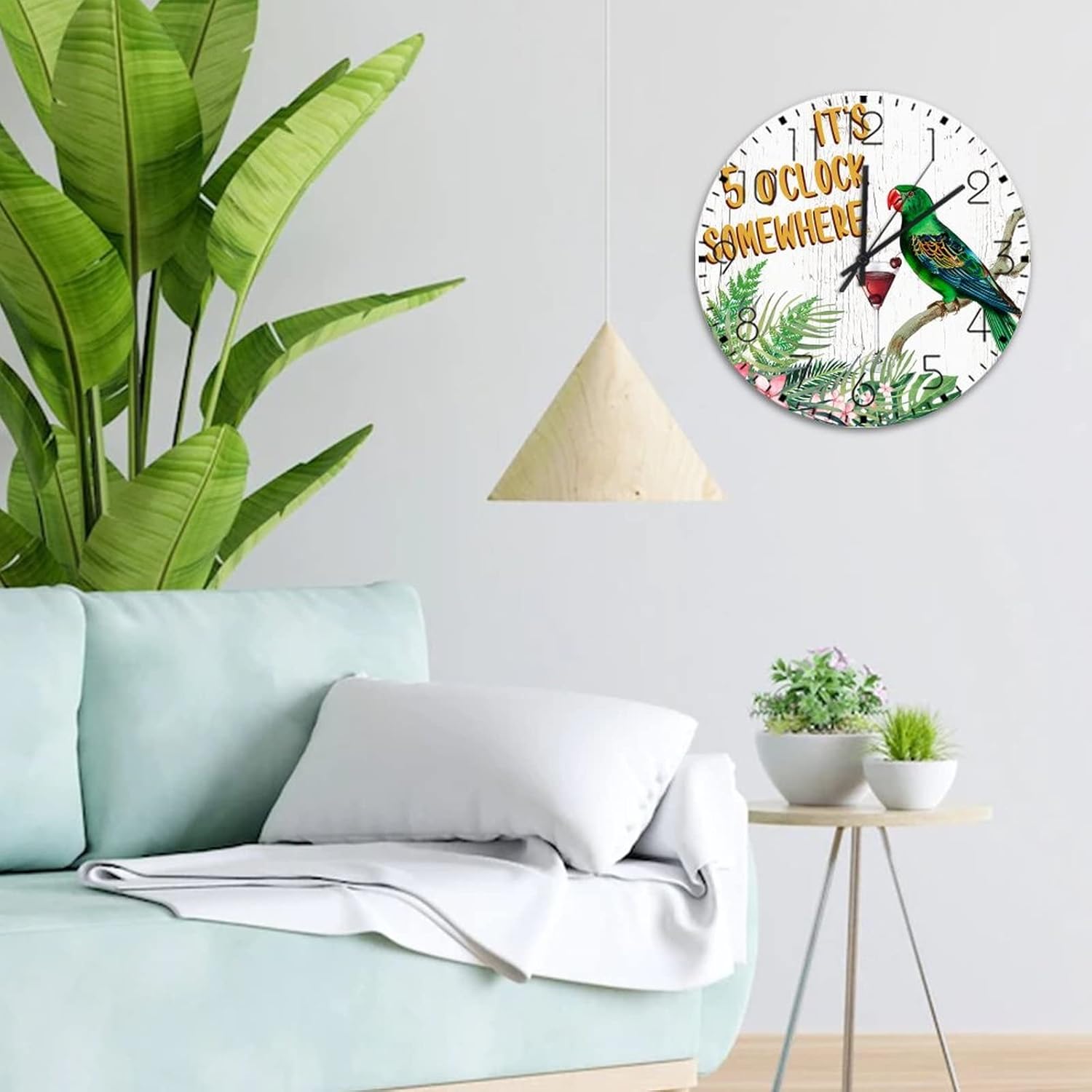 Wood Wall Clocks Non-Ticking Quartz Battery Operated It's Five O'clock Somewhere Country Wall Clocks Flower Floral Leaves Macaw Wooden Wall Decor for Girls Room Kitchen Pool 12 Inch