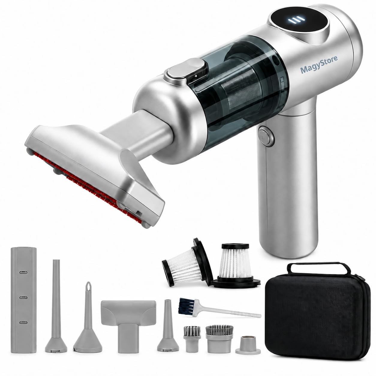 MagyStore Aspirador de Mano Sin Cable para Coche y Hogar, 18.000 Pa, Motor Brushless, 4 en 1 con Soplador e Inflador, Estuche EVA y Mango Giratorio 180°
