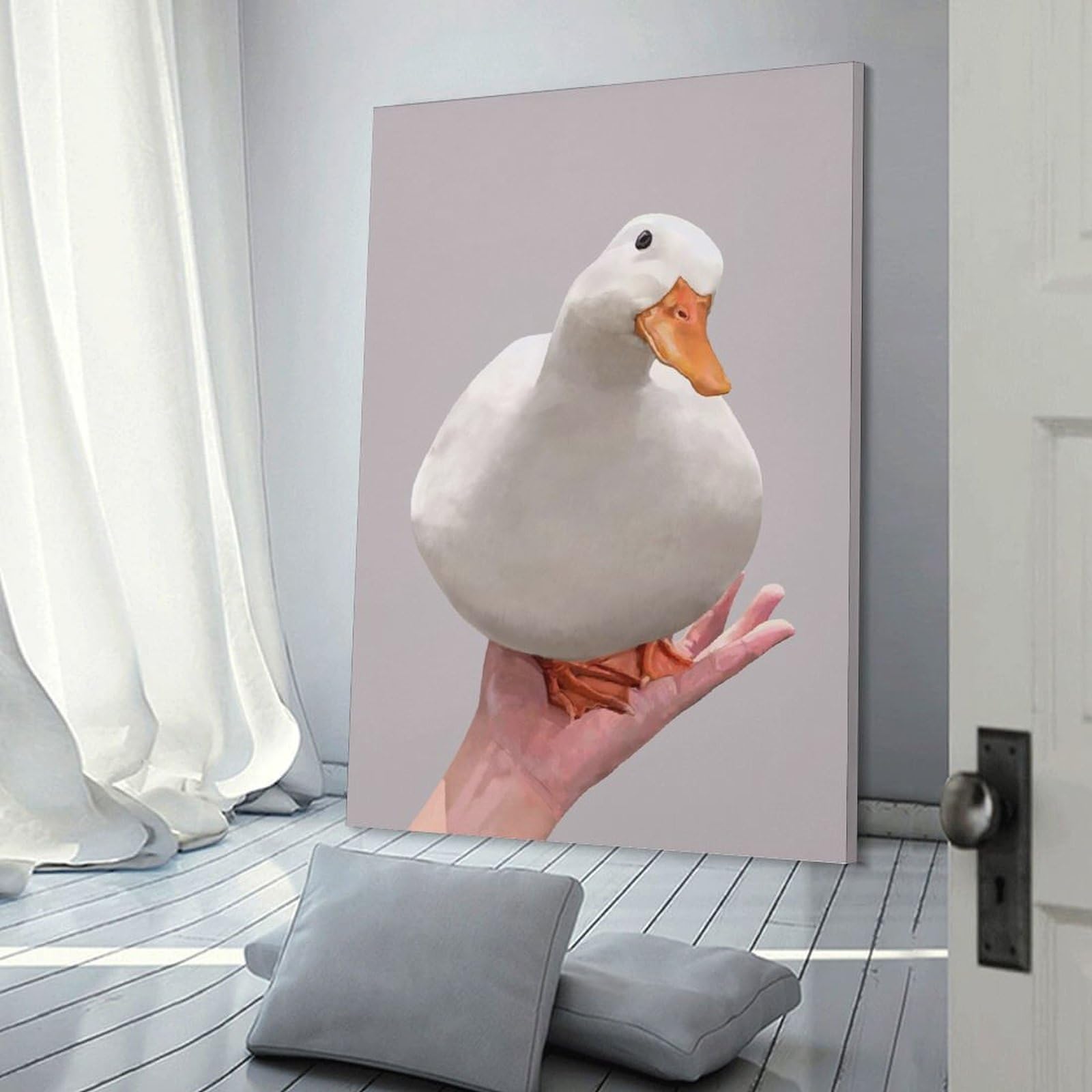 Junmoney Decorative Canvas Print White Duck on Palm Meme, 24x36inch(60x90cm), for New Homes, Bedrooms Or Workspaces, Thoughtful Wall Decor for Art Lovers