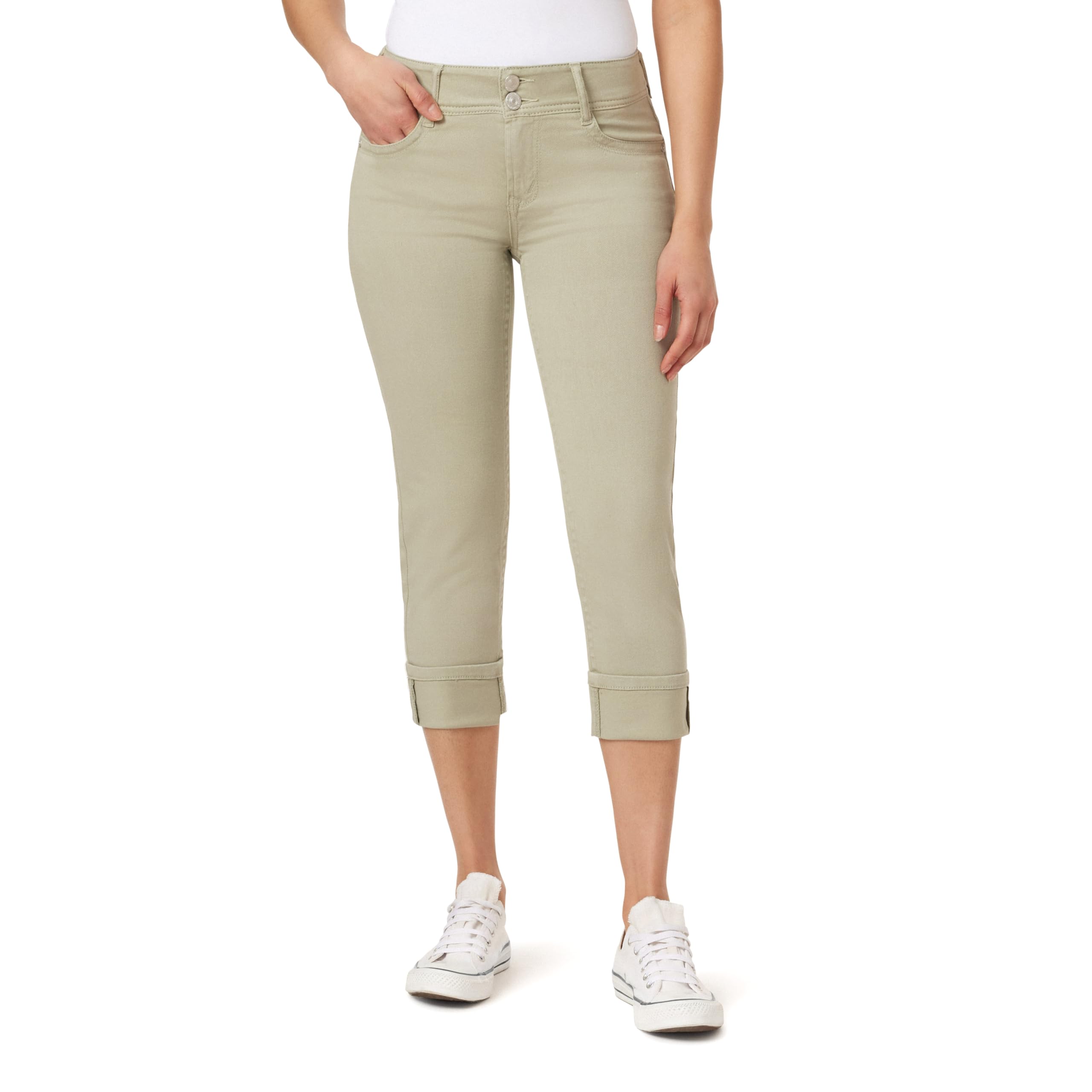 WallFlower Luscious Curvy 23.5” Mid-Rise Cropped Jeans for Women, Insta Stretch Denim Juniors Jeans, Soft Olive, 9