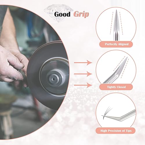 Miniatura 4 de LANKIZ Juego de 5 pinzas para extensiones de pestañas, de acero inoxidable, pinzas para extensiones de pestañas con volumen, pinzas de oro rosa para