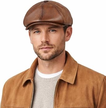 Black Genuine Leather Flat Cap for Men Cabbie Driver Ascot Hat, Sheepskin Newsboy Cap, Retro Gatsby Vintage Style