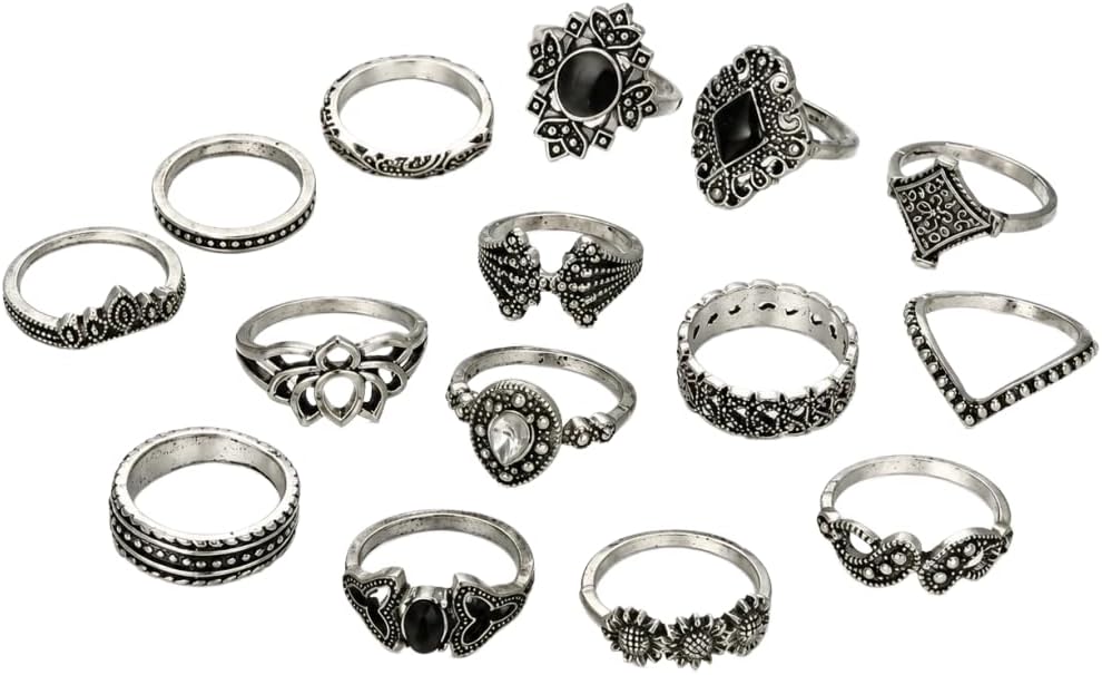 Vintage Silver Knuckle Rings Set for Women, Stackable Joint Finger Statement Ring Bohemian Retro Hollow Carved Lotus Ring, Halloween Imitation Black Gemstone Chunky Rings Pack -15PCS
