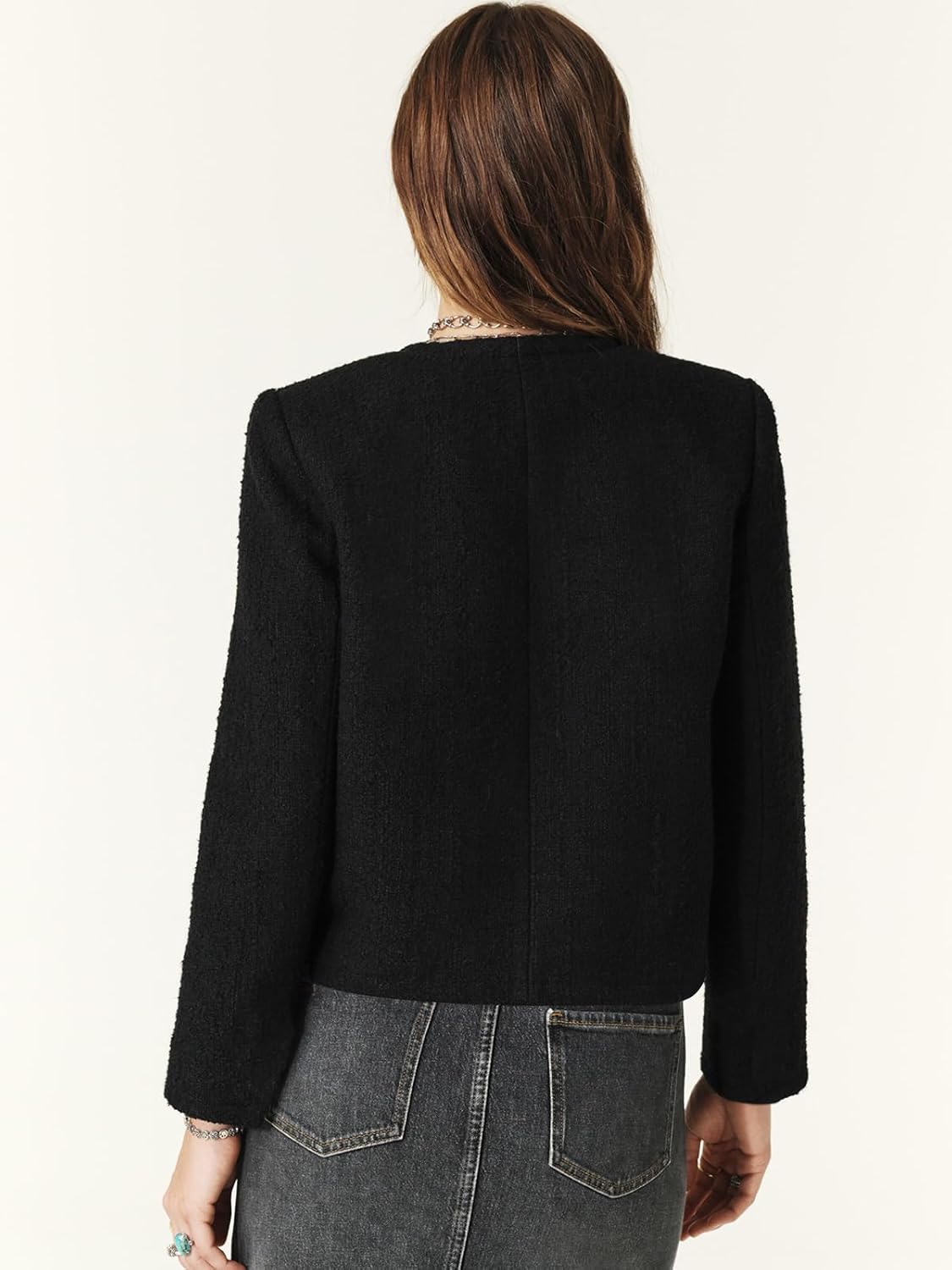 Women's Tweed Blazers Long Sleeve Business Button Down Casual Cropped Blazer Jackets with Pockets - Image 4