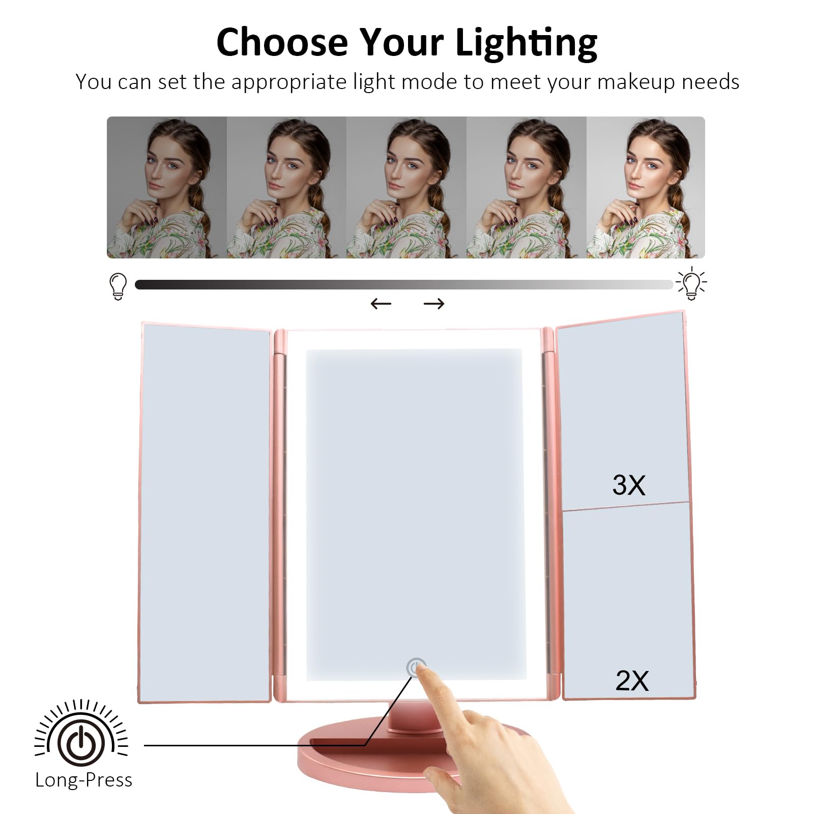 WEILY Miroir Maquillage Grossissant Lumineux 1X/2X/3X, LED Pliable avec Écran Tactile, Réglable à 180 Degrés, Support USB et Batterie (Or Rose)