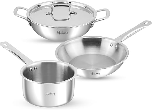 Lifelong Triply 4-piece cookware set |Kadai, Frypan & Saucepan for Cooking |Stainless Steel 22 cm Kadai & Fry Pan22 cm with Stainless Steel Lid |…